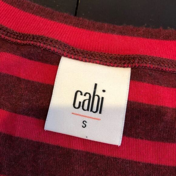 Cabi Sweet Talk maroon red striped ruffle hem jersey knit top Small #3631 - Picture 7 of 14